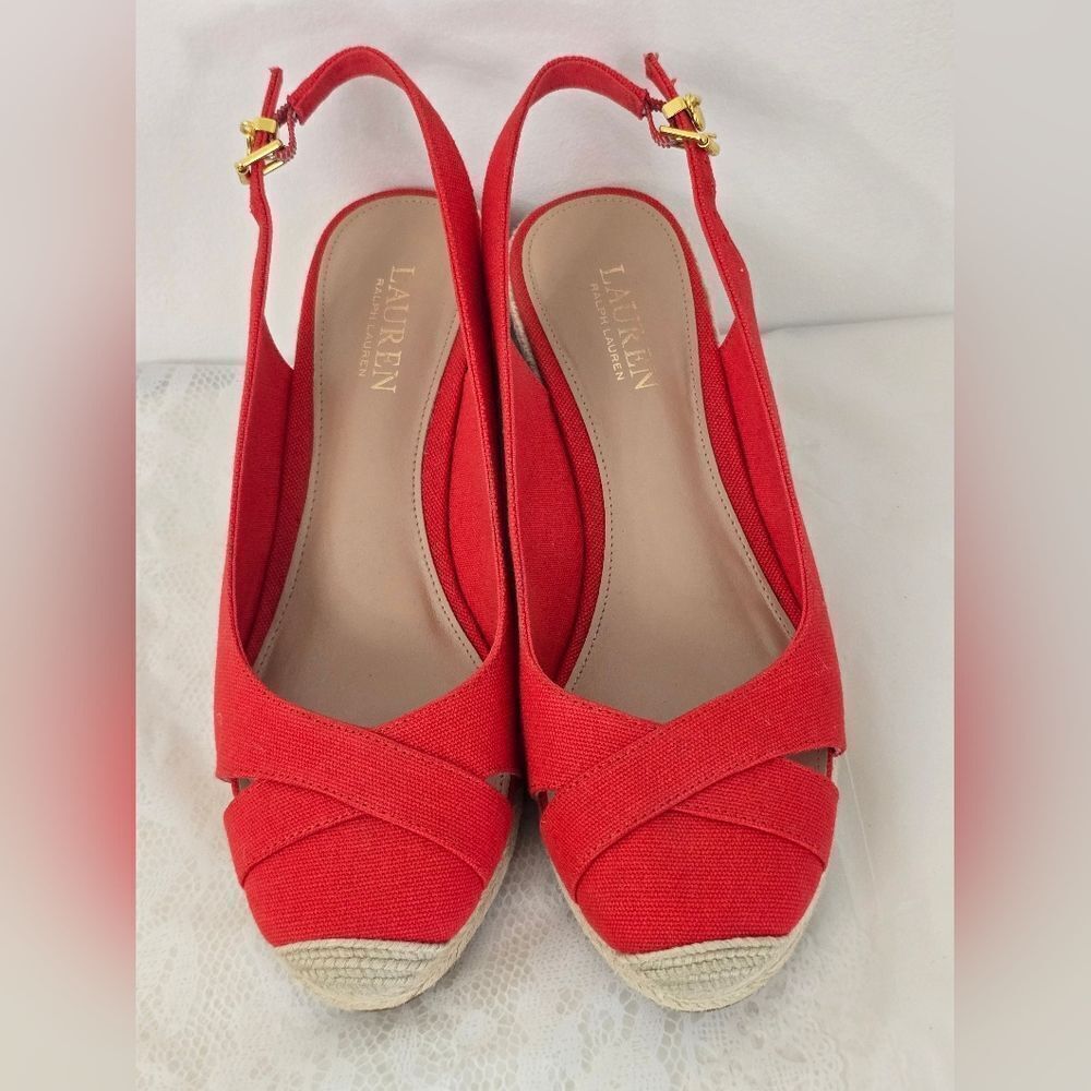 Lauren Ralph Lauren Red Slingback Espadrille Wedges New
